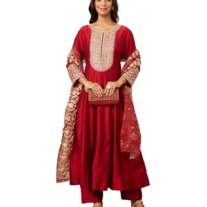 Amazon Brand - Myx Women's Embroidered Anarkali Kurta Pant Set with Organza Dupatta | Viscose,Rayon | A-line fit